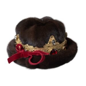 Dolce & Gabbana Dark Brown Mink Fur Gold Crystal Crown Hat