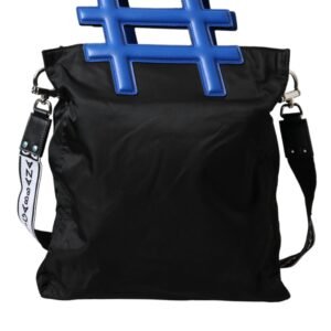 Dolce & Gabbana Black Nylon Blue Leather Hashtag Shopping Tote Bag