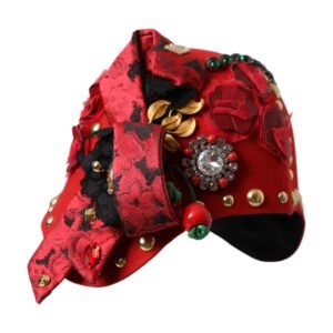 Dolce & Gabbana Red Crystal Gold Roses Brooch Embellished Hat