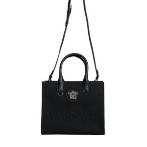 Versace Black Top Handle Canvas Leather Logo Crossbody Tote Bag