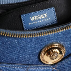 Versace Blue Quilted Denim Leather Top Handle Shoulder Bag