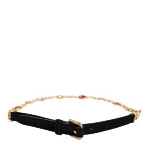 Dolce & Gabbana Black Leather Gold Brass Crystal Chain Waist Belt