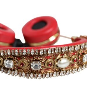 Dolce & Gabbana Red Nappa Leather Floral Crystal Headphone