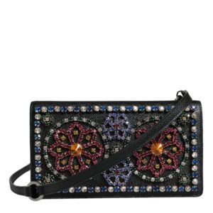 Dolce & Gabbana Black Leather Crystal Shoulder Crossbody Clutch Bag