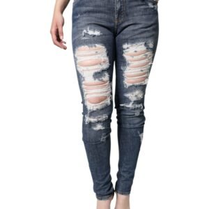 Dolce & Gabbana Blue Cotton Stretch Tattered Skinny Jeans