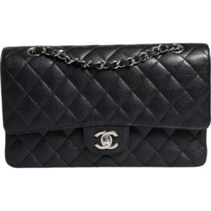 Chanel Black Caviar Medium Classic Double Flap Shoulder Quilted Silver Bag