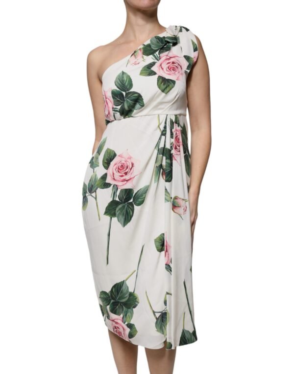 Dolce & Gabbana White Floral Silk One Shoulder Midi Dress - Image 2