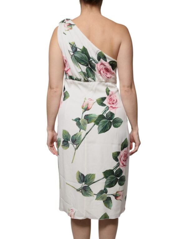 Dolce & Gabbana White Floral Silk One Shoulder Midi Dress - Image 4