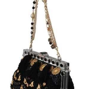 Dolce & Gabbana Black Tassel Gold Baroque Crystal Evening Clutch