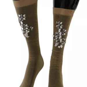 Dolce & Gabbana Gold Stretch Floral Clear Crystal Stocking Socks