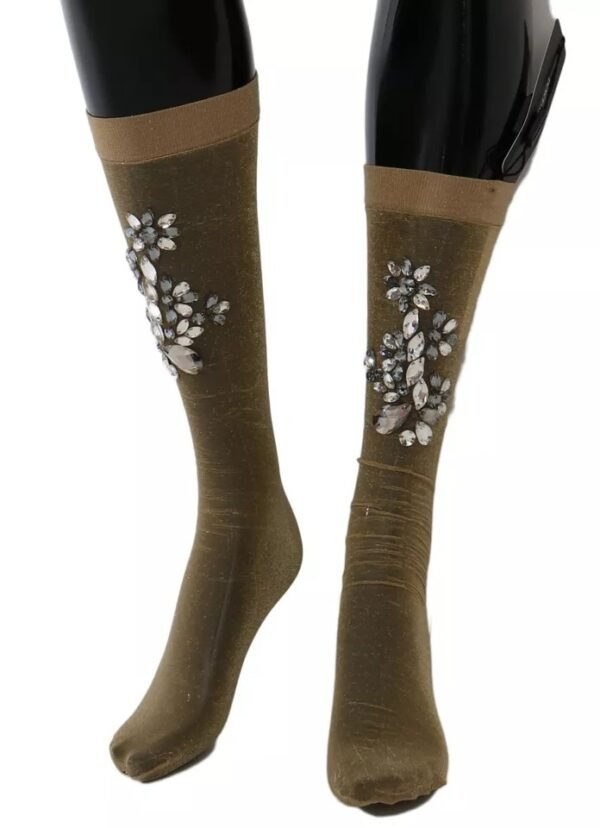 Dolce & Gabbana Gold Stretch Floral Clear Crystal Stocking Socks - Image 2