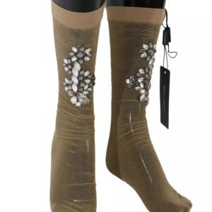 Dolce & Gabbana Gold Stretch Floral Clear Crystal Stocking Socks