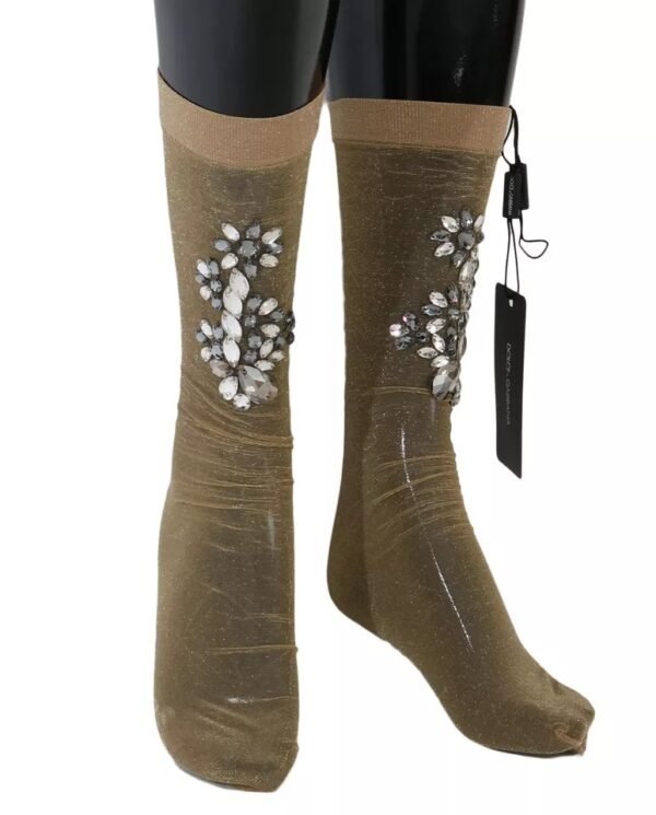 Dolce & Gabbana Gold Stretch Floral Clear Crystal Stocking Socks - Image 3