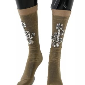 Dolce & Gabbana Gold Stretch Floral Clear Crystal Stocking Socks