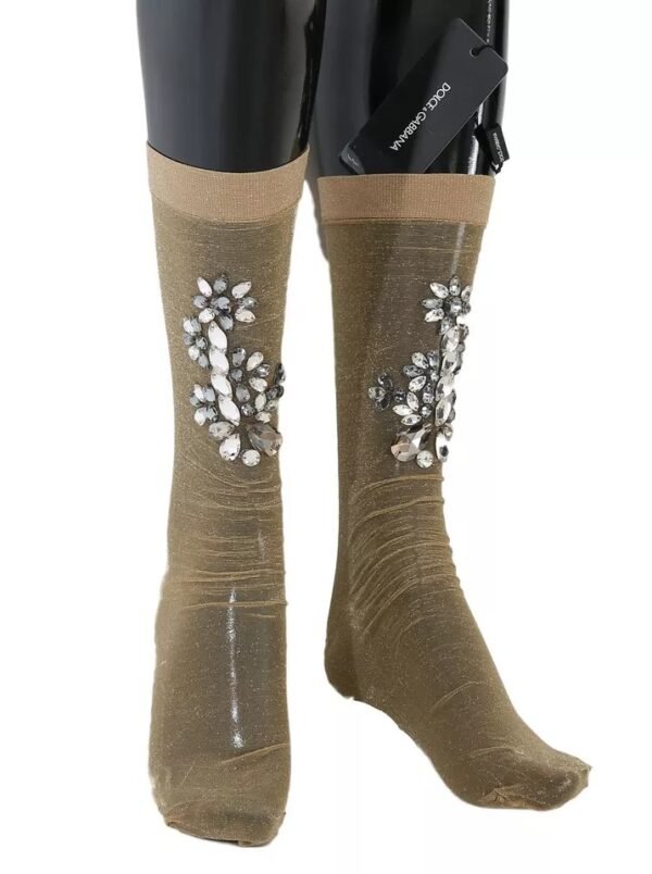 Dolce & Gabbana Gold Stretch Floral Clear Crystal Stocking Socks - Image 8