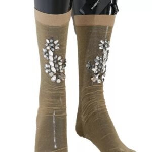 Dolce & Gabbana Gold Stretch Floral Clear Crystal Stocking Socks