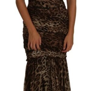 Dolce & Gabbana Brown Leopard Silk Chiffon Ruched Mermaid Maxi Dress