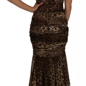 Dolce & Gabbana Brown Leopard Silk Chiffon Ruched Mermaid Maxi Dress