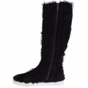 Dolce & Gabbana Elegant Black Fur Leather Flat Sneaker Boots