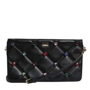 Dolce & Gabbana Black Leather Crystal Embellished Logo Shoulder Bag