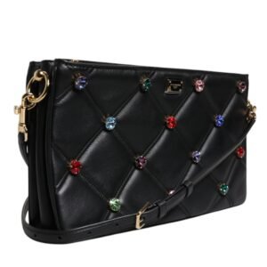 Dolce & Gabbana Black Leather Crystal Embellished Logo Shoulder Bag