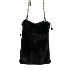 Dolce & Gabbana Black Faux Fur Silver Chain Crossbody Shoulder Purse Bag