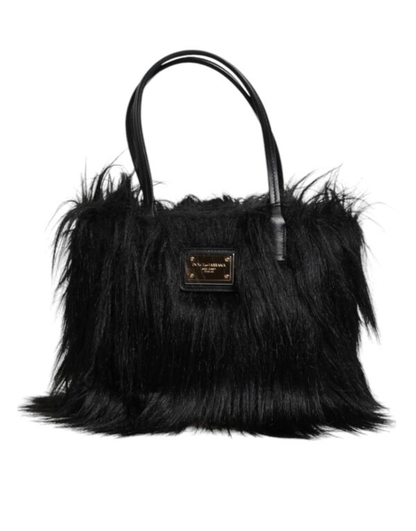 Dolce & Gabbana Black Fur Logo Plaque Double Handle Shoulder Bag - Image 2