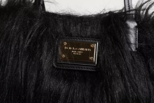 Dolce & Gabbana Black Fur Logo Plaque Double Handle Shoulder Bag - Image 6