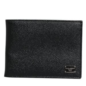 Dolce & Gabbana Black Leather Bifold Card Holder Men Logo Plaque Wallet