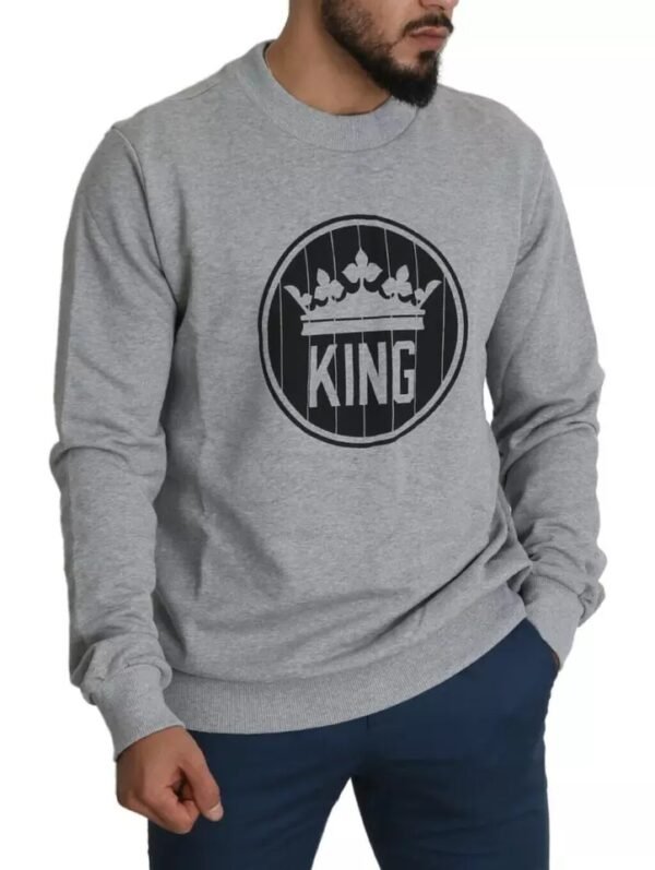 Dolce & Gabbana Gray Crown King Print Cotton Pullover Sweater - Image 5