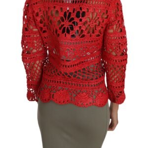 Dolce & Gabbana Elegant Red Crochet Knit Cardigan with Fur Collar