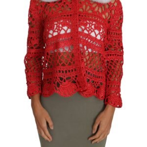 Dolce & Gabbana Elegant Red Crochet Knit Cardigan with Fur Collar