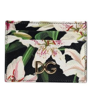 Dolce & Gabbana Black Floral Leather Card Holder DG Logo Plaque Wallet