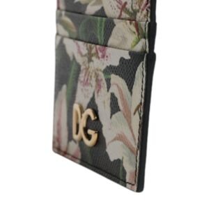 Dolce & Gabbana Black Floral Leather Card Holder DG Logo Plaque Wallet