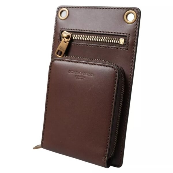 Dolce & Gabbana Brown Calf Leather Zip Logo Shoulder Neck Strap Wallet - Image 4