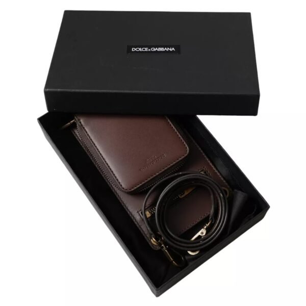 Dolce & Gabbana Brown Calf Leather Zip Logo Shoulder Neck Strap Wallet - Image 5