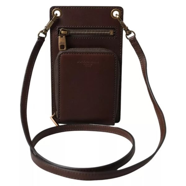 Dolce & Gabbana Brown Calf Leather Zip Logo Shoulder Neck Strap Wallet - Image 8