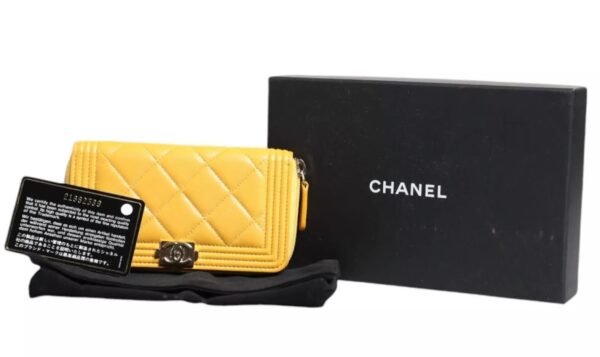 Chanel Yellow Quilted Leather CC Logo Continental Zip Wallet - Image 7