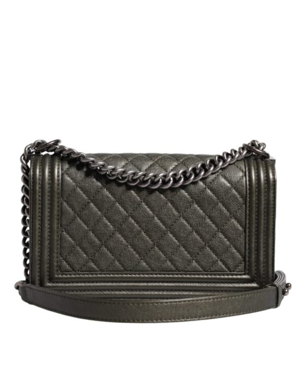 Chanel Dark Green Leather Shoulder Bag Gray Metal Purse Bag - Image 2