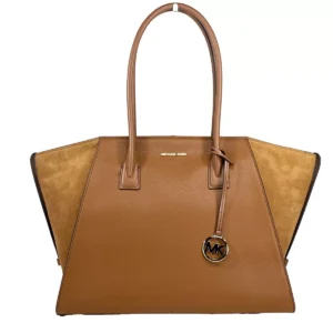 Michael Kors Avril XL Suede Leather Top Zip Satchel Bag Luggage Brown