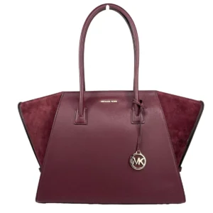 Michael Kors Avril XL Suede Leather Top Zip Satchel Bag Oxblood Red