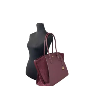 Michael Kors Avril XL Suede Leather Top Zip Satchel Bag Oxblood Red