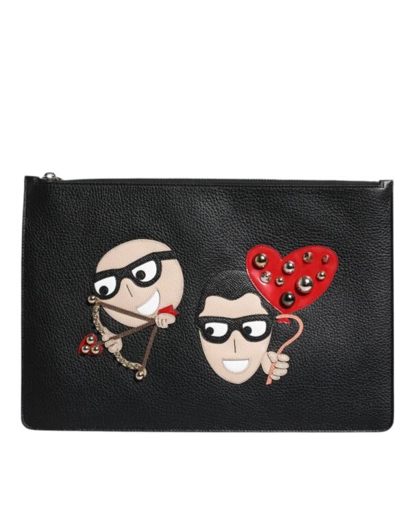 Dolce & Gabbana Black Leather #DGFAMILY Embellished Men Zip Pouch Bag - Image 2