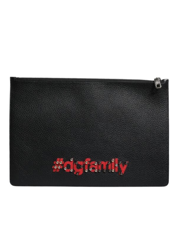 Dolce & Gabbana Black Leather #DGFAMILY Embellished Men Zip Pouch Bag - Image 4