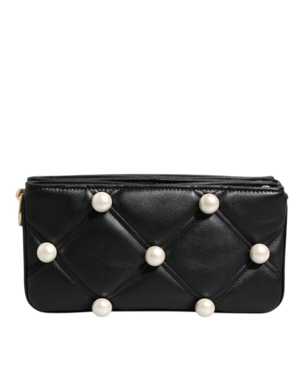 Dolce & Gabbana Black Leather Pearl Embellished Logo Shoulder Bag - Image 2