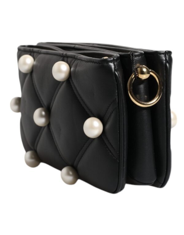 Dolce & Gabbana Black Leather Pearl Embellished Logo Shoulder Bag - Image 3