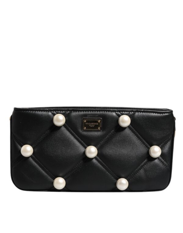 Dolce & Gabbana Black Leather Pearl Embellished Logo Shoulder Bag - Image 4