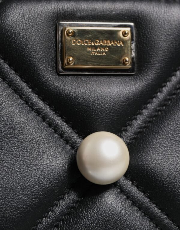 Dolce & Gabbana Black Leather Pearl Embellished Logo Shoulder Bag - Image 5