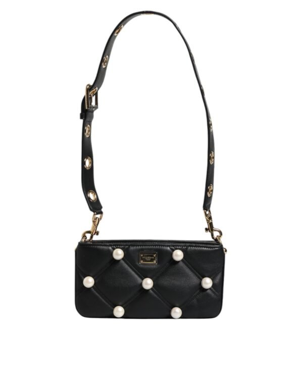 Dolce & Gabbana Black Leather Pearl Embellished Logo Shoulder Bag - Image 7