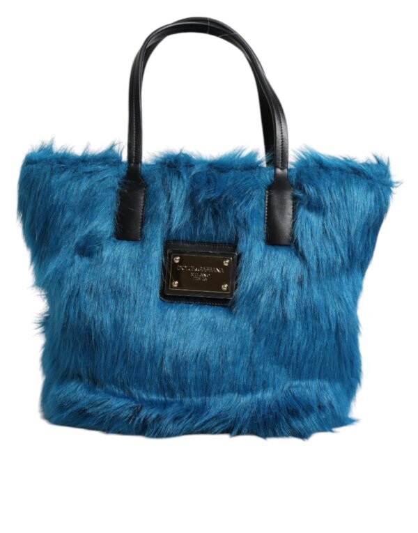 Dolce & Gabbana Blue Fur Logo Plaque Double Handle Shoulder Bag - Image 2